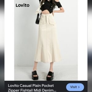 Lovito Off White Denim Mermaid Fairycore Casual Flared Whimsigoth Midi Skirt